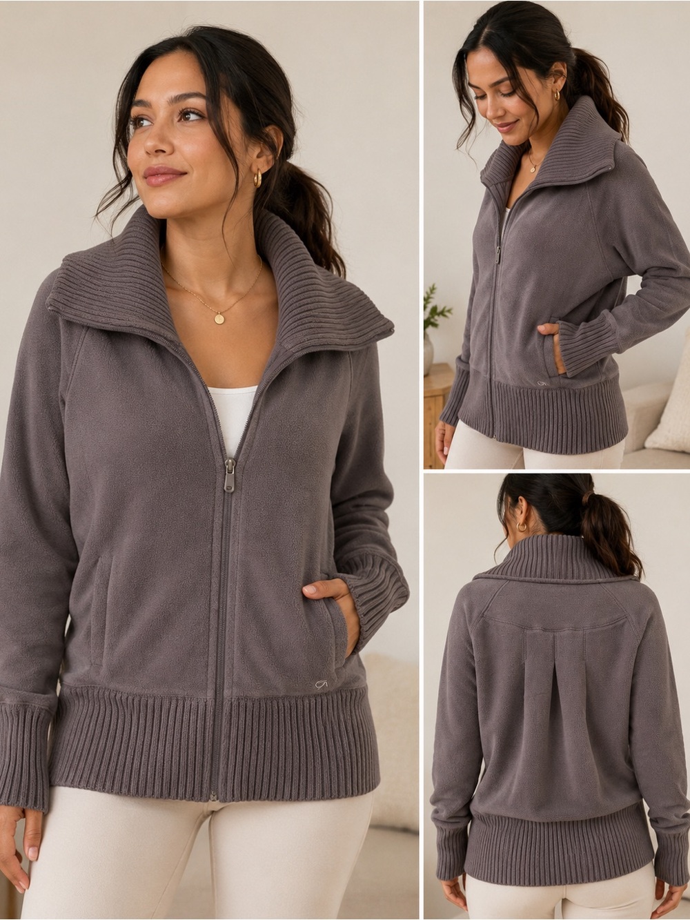 GapBodyFit Fleece Zip-Up Jacket Women’s Medium Gray Ribbed Collar Thumb Cuffs Co
